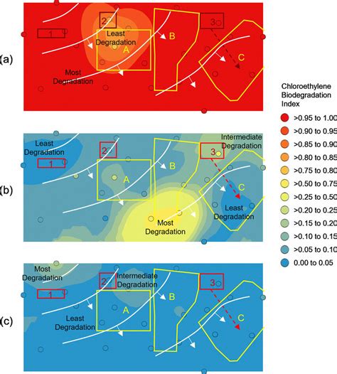 Spatial projections of trichloroethylene biodegradation indices: (a ...