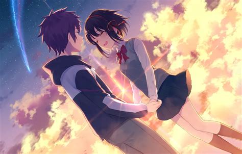 Wallpaper girl, love, sunset, romance, anime, art, guy, two, Your name ...