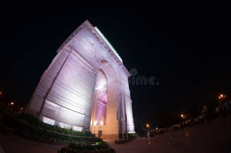 India Gate at Night with Lights on Shot with Fisheye Stock Image ...