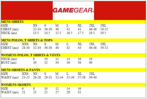 GAMEGEAR Size Chart Active-Workwear