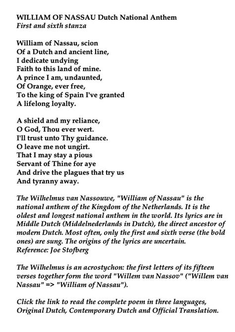 The Wilhelmus van Nassouwe,"William of Nassau" the national anthem of ...