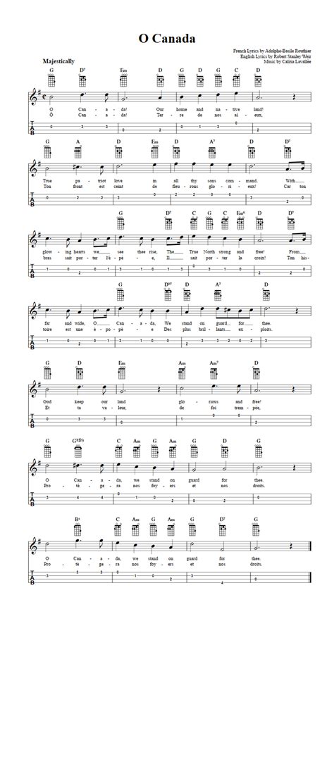 O Canada - Easy Baritone Ukulele Sheet Music and Tab with Chords and Lyrics