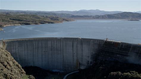 5K stock footage aerial video fly over Hemet Dam revealing Lake Hemet; California Aerial Stock ...