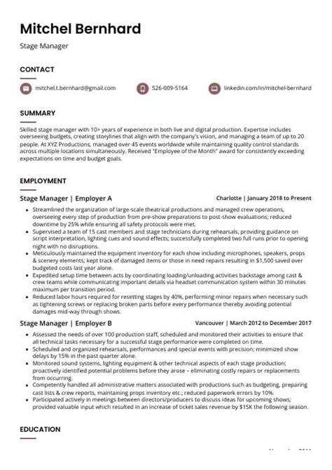 Stage Manager Resume (CV) Example and Writing Guide