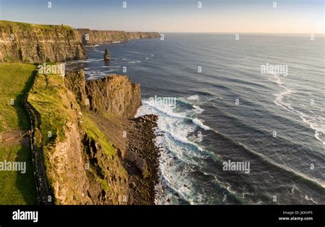 Aerial birds eye view from the world famous cliffs of moher in county clare ireland. beautiful ...