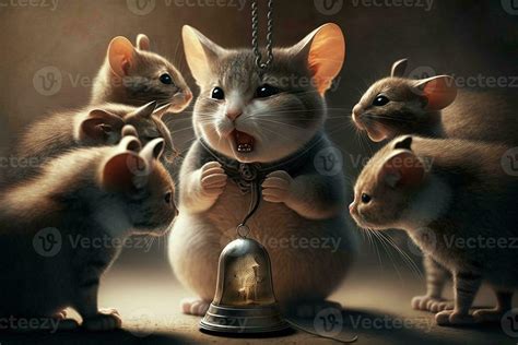 Belling the Cat. The mice plan to place the bell on the cat. story or fairy tale book. Aesop's ...