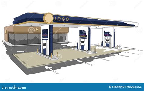 Gas Station Detailed Drawing Illustration, Colorful, Isolated Illustration Stock - Illustration ...