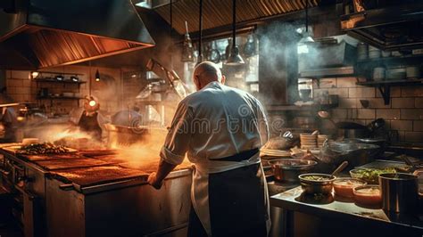 Backside of Chef Cooking in a Busy Restaurant Kitchen Stock Illustration - Illustration of ...