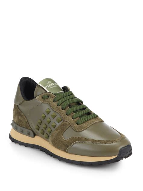 Valentino Rockstud Leather & Suede Sneakers in Green for Men | Lyst