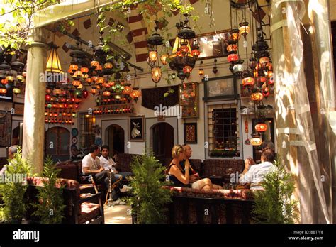 Istanbul Turkey Turkish cafe with nargile water pipes and colourful lights in the Beyazit area ...