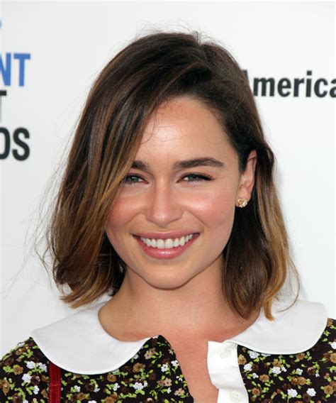 Emilia Clarke Medium Straight Dark Brunette Bob Haircut with Side Swept ...