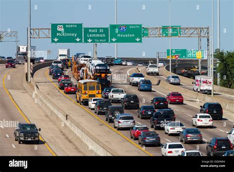 Heavy traffic on Central Expressway Freeway 45 highway Dallas Texas USA ...