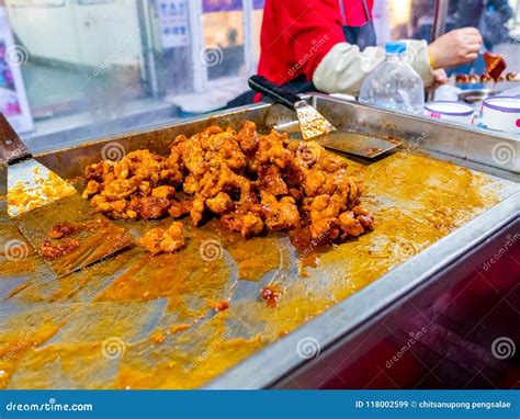 Fired Chicken Spicy Traditional Korean Food in Local Market,street Food the Most Famous in South ...
