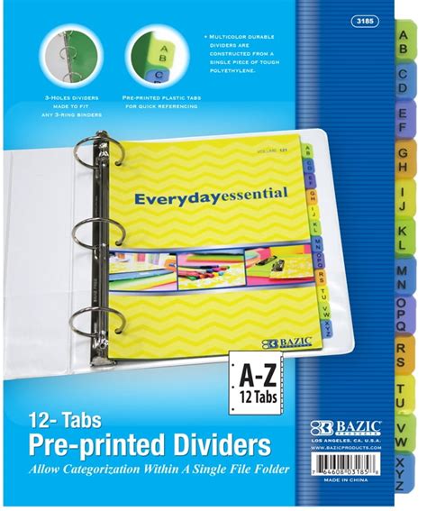 BAZIC 3-Ring Binder Dividers w/ 12-Preprinted A-Z - CASE OF 24 - Walmart.com - Walmart.com