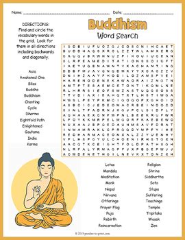 BUDDHISM Religion Word Search Puzzle Worksheet Activity by Puzzles to Print