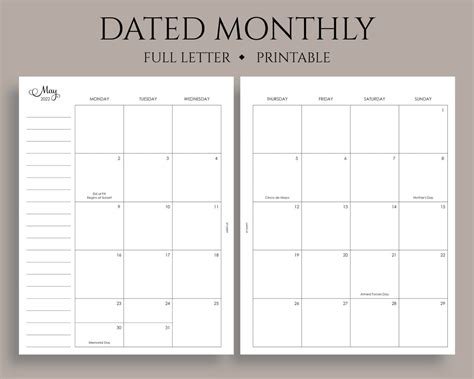 2022 Dated Monthly Calendar Printable Planner Inserts Monday | Etsy