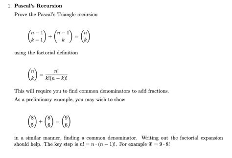 SOLVED: Pascal's Recursion Prove the Pascal's Triangle recursion (6-1 ...