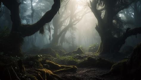 Spooky fog shrouds mystery of dark autumn forest landscape generated by ...