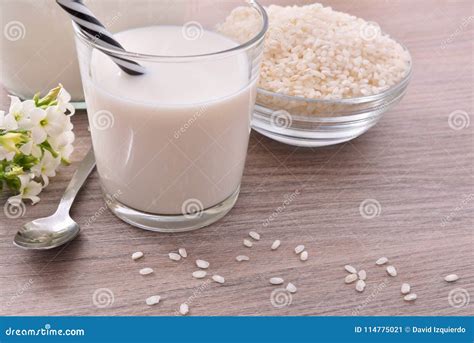 Rice Milk and Rice in Containers in Kitchen Elevated View Stock Image - Image of composition ...