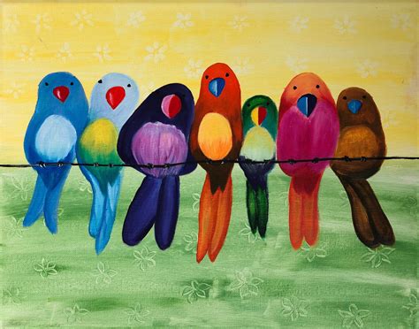 Bird painting, 7 Birds on branch, Colorful nature wall art, Original artwork, Bird gift, Home ...