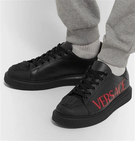 Versace - Logo-Print Rubber-Trimmed Leather Sneakers - Black Versace