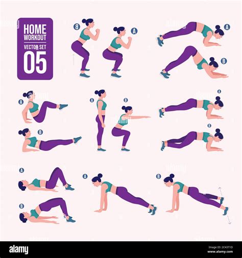 Home Workout girl set. Woman doing fitness and yoga exercises. Lunges ...