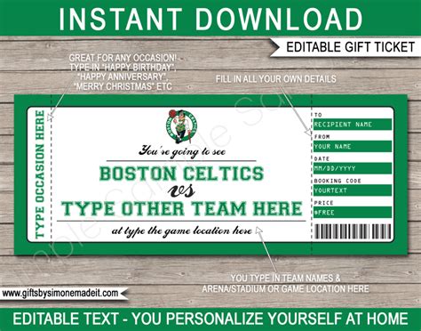 Boston Celtics Game Ticket Gift Voucher | Printable Surprise NBA Basketball Tickets