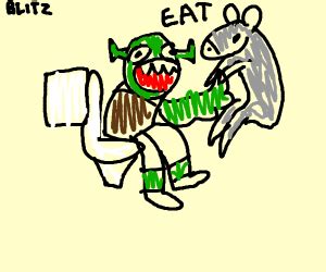 shrek eating donkey while on the toilet - Drawception