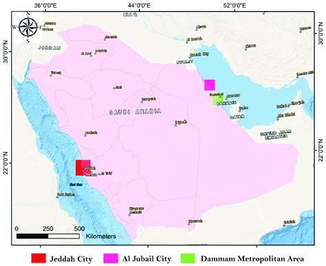 Map of Saudi Arabia illustrating the cities of Jeddah, Jubail, and ...