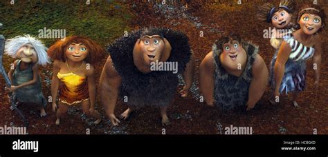 THE CROODS, Gran (Cloris Leachman), Eep (voice: Emma Stone), Grug (voice: Nicolas Cage), Thunk ...