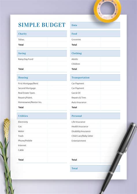 Download Printable Simple Household Budget PDF