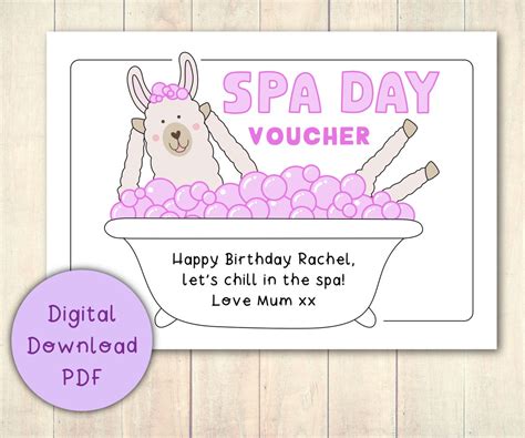 Llama Spa Day Gift Voucher Coupon Printable Digital Download PDF ...