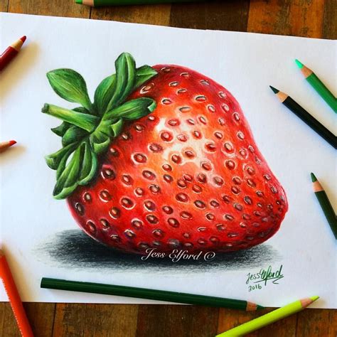 Realistic strawberry drawing by Jess Elford. Drawn with prismacolor pencils. Fruits Drawing ...