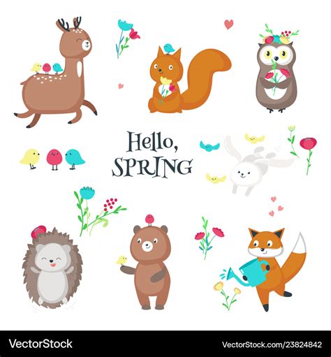 Cute funny spring animals isolated Royalty Free Vector Image