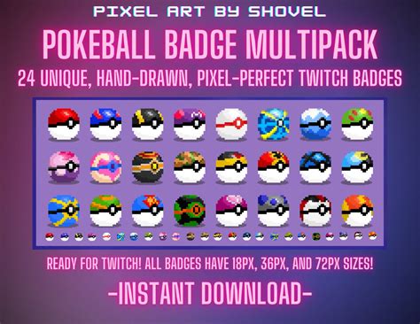 24 Pokeball Pixel Art Twitch Sub Badges 8 Bit Pokemon Poke Ball Badges ...