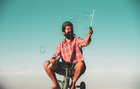 Funny Man on a Bicycle. Emotional Crazy Guy on a Childrens Bike Stock Image - Image of bearded ...