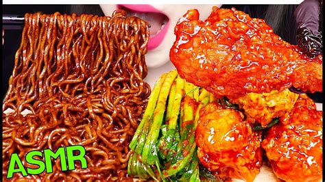 ASMR BLACK BEAN NOODLES, FRIED CHICKEN, KIMCHI 짜파게티, 파김치, 양념 치킨 닭다리 먹방 EATING SOUNDS - YouTube