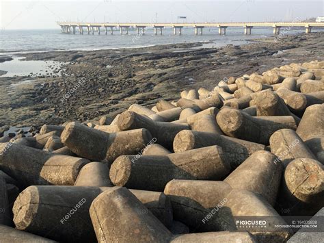 India, Mumbai, Concrete tetrapods on beach and bridge on background — coastline, nobody - Stock ...