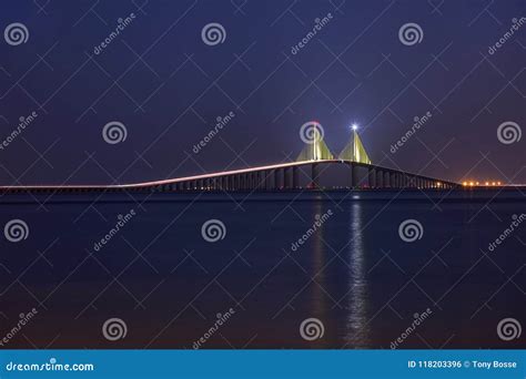 Illuminated Sunshine Skyway Bridge at Night, Full Length Stock Photo ...