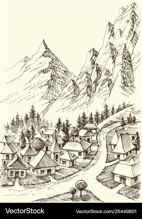 Mountains village hand drawing alpine landscape Vector Image