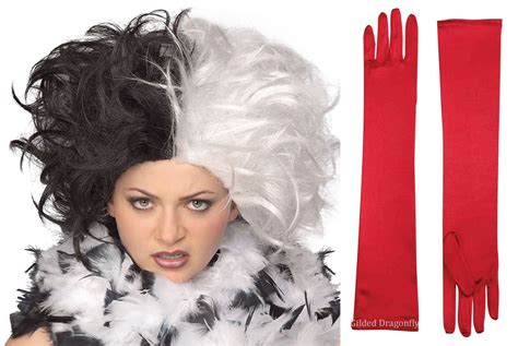 Cruella de Vil Black White Wig Red Long Satin Gloves Costume Set De ville Spot | eBay