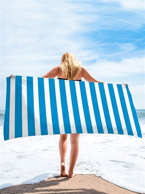 Blue and White Collar Microfiber Striped Embellished Bathroom Beach Towels, Beach Mat, Swimming ...