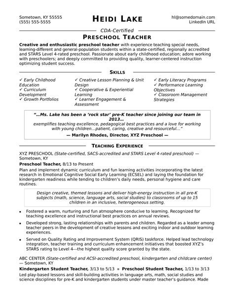 Preschool Teacher Resume Sample | Monster.com