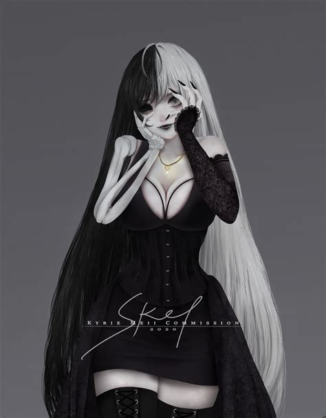 a woman with long white hair and black stockings is dressed in gothic clothing, holding her hand ...