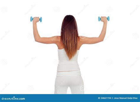 Attractive Girl Back in White Toning Her Muscles Stock Photo - Image of dumbbell, hands: 34661194