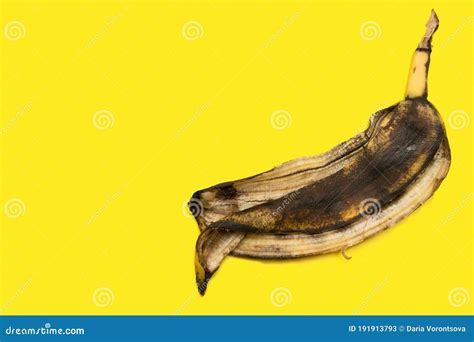 Rotten Spoiled Banana Peel Isolated on a Yellow Background with Copy ...