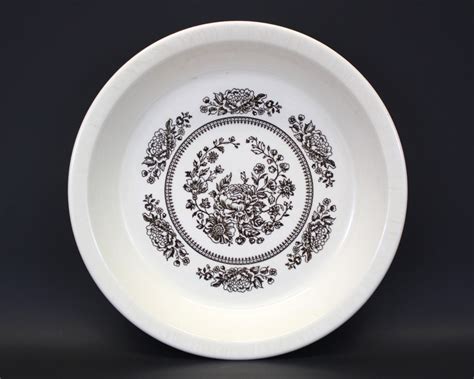 Vintage Ivory Ceramic Pie Plate with Brown Floral Motif E476