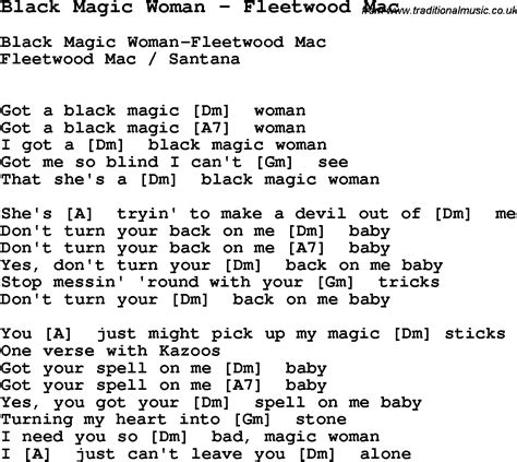 Song Black Magic Woman by Fleetwood Mac, song lyric for vocal performance plus accompaniment ...