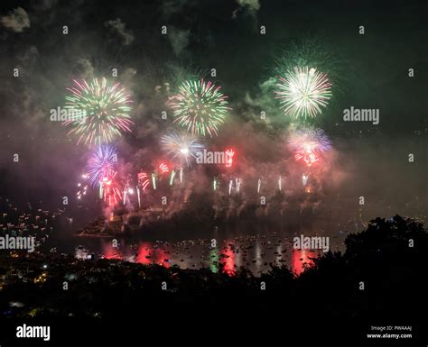 Fireworks display, Ossuccio, Isola Comacina, Lake Como, Lombardy, Italy ...