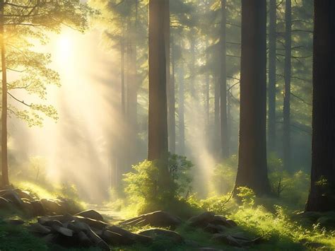 Premium AI Image | A peaceful forest scene with rays of sunlight streaming through the trees